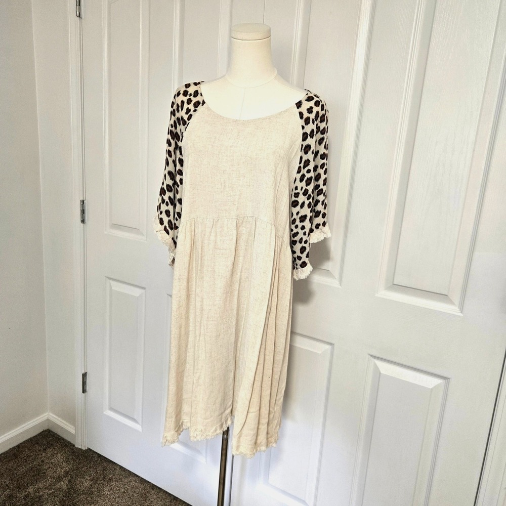 Umgee Babydoll Dress Womens L Oatmeal Leopard Print Linen Blend Frayed Hem